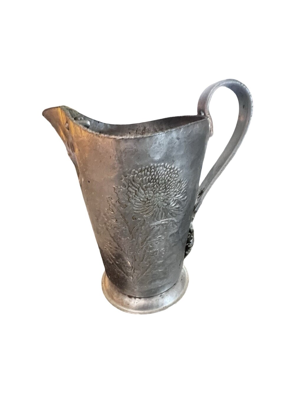 509 Vintage Hammered Aluminum Pitcher Chrysanthemum Pattern Floral Etched